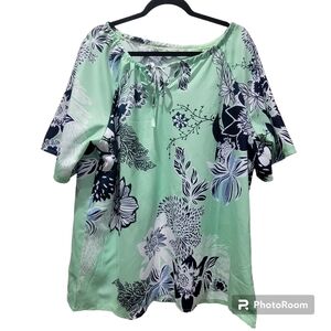 3XL Mint Green Floral Blouse Short Sleeve Boho Cottagecore